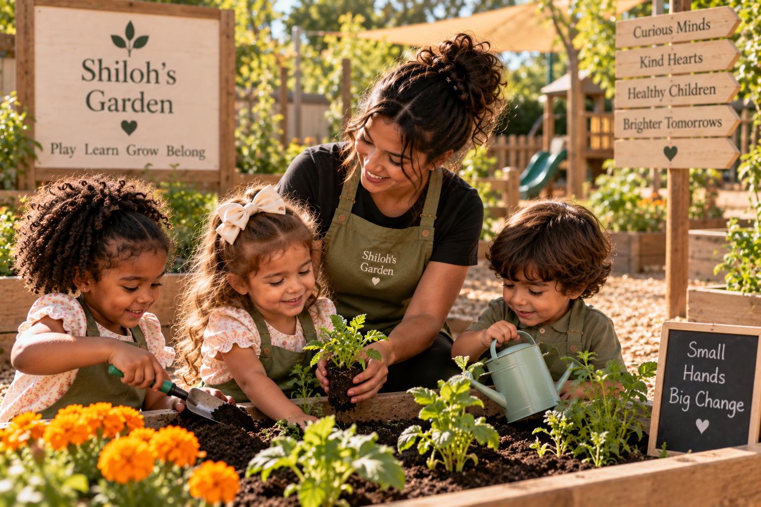 Children gardening with a teacher
